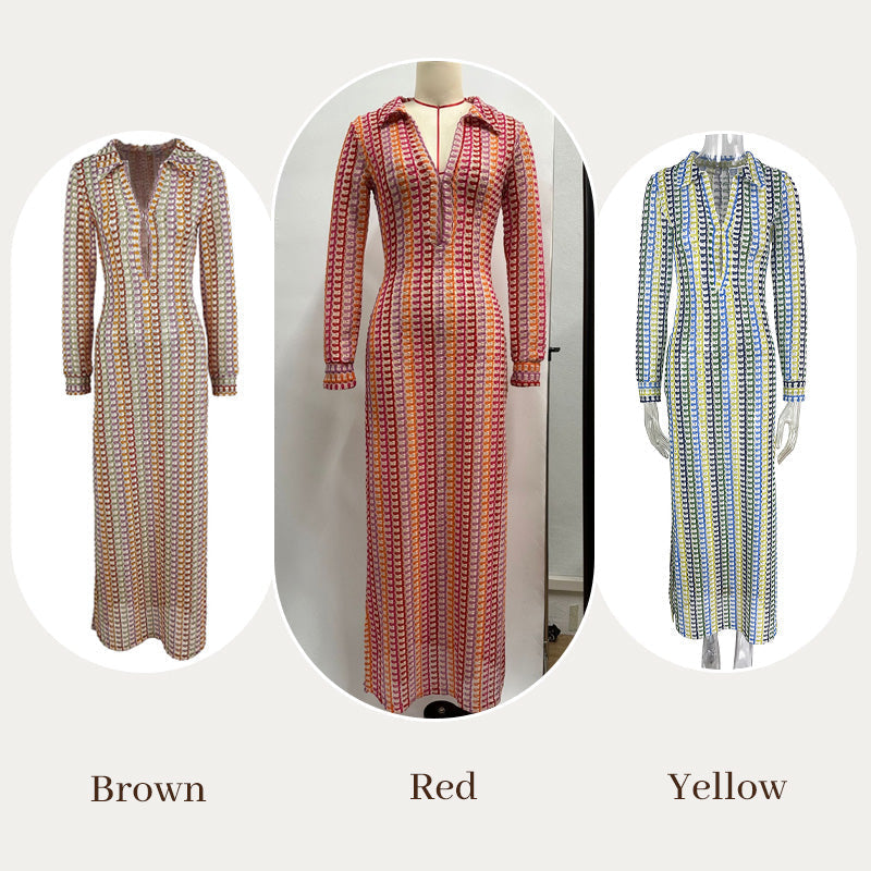 Bondi Beach Knit Colorful Wave Print Long Sleeve Vacation Maxi Dress-6