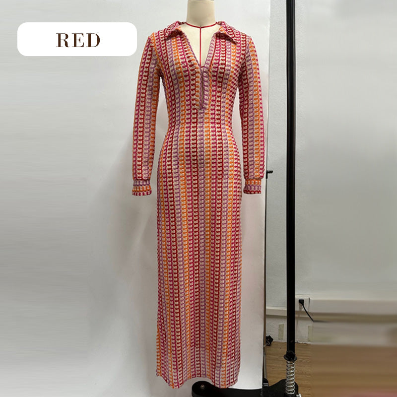 Bondi Beach Knit Colorful Wave Print Long Sleeve Vacation Maxi Dress-11
