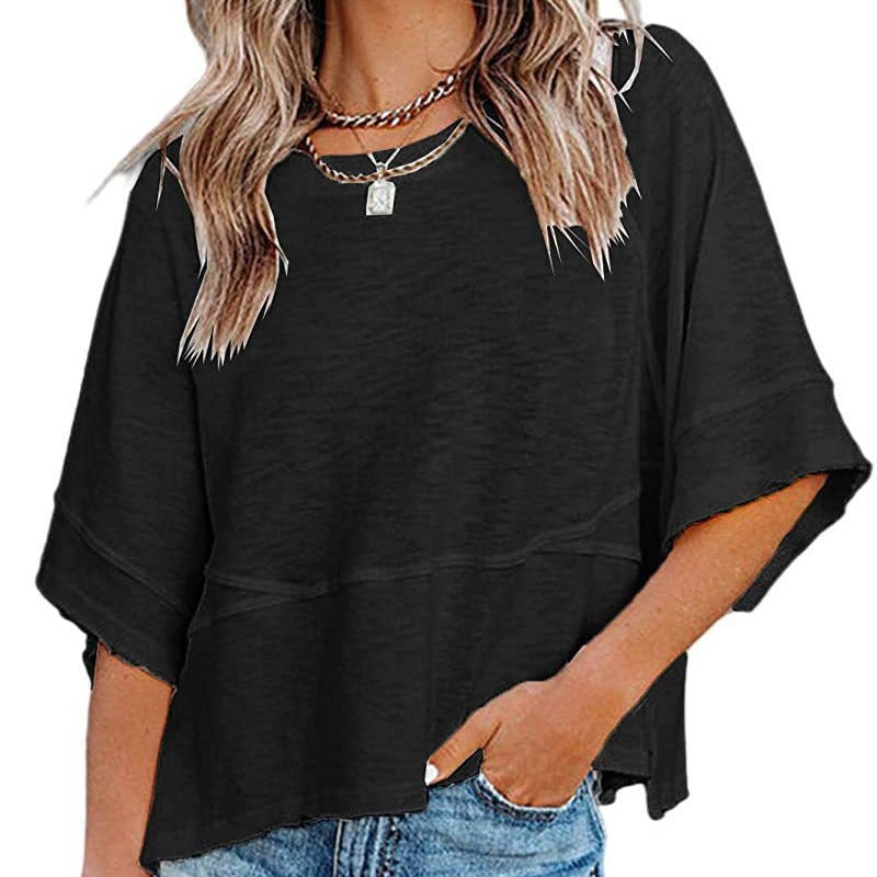 👕 50% RABATT! 🌸 Einfarbiges Damen T-Shirt mit Glockenärmeln – Locker geschnittenes Sommeroberteil aus weichem Stoff in 3 Farben✨-5