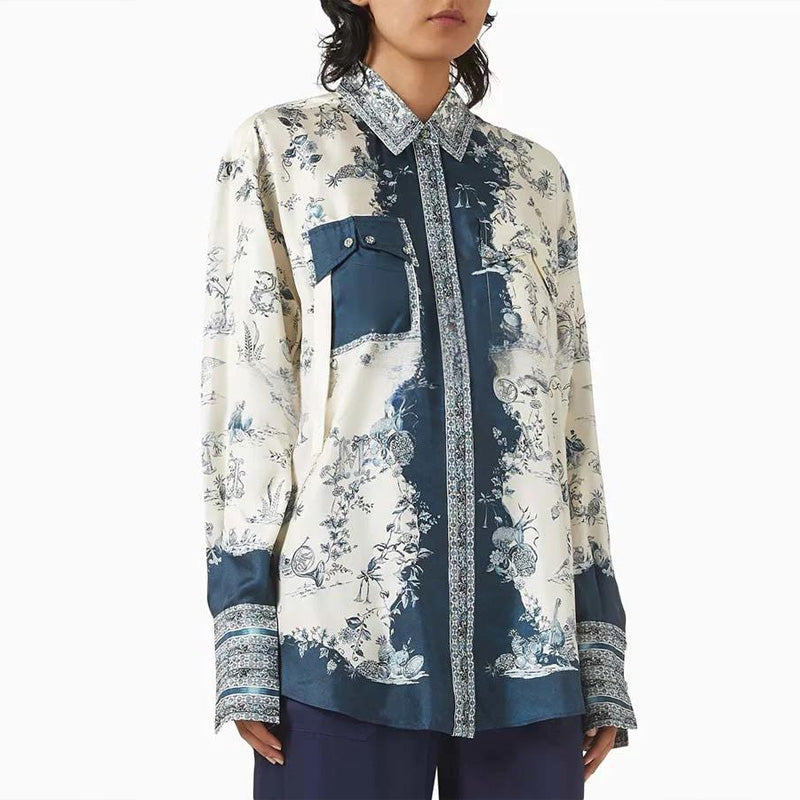 Bohemian Elegant Satin Contrast Color Unique Print Button Up Pocket Loose Blouse-5