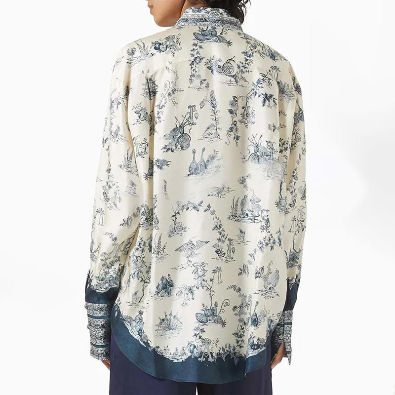 Bohemian Elegant Satin Contrast Color Unique Print Button Up Pocket Loose Blouse-6