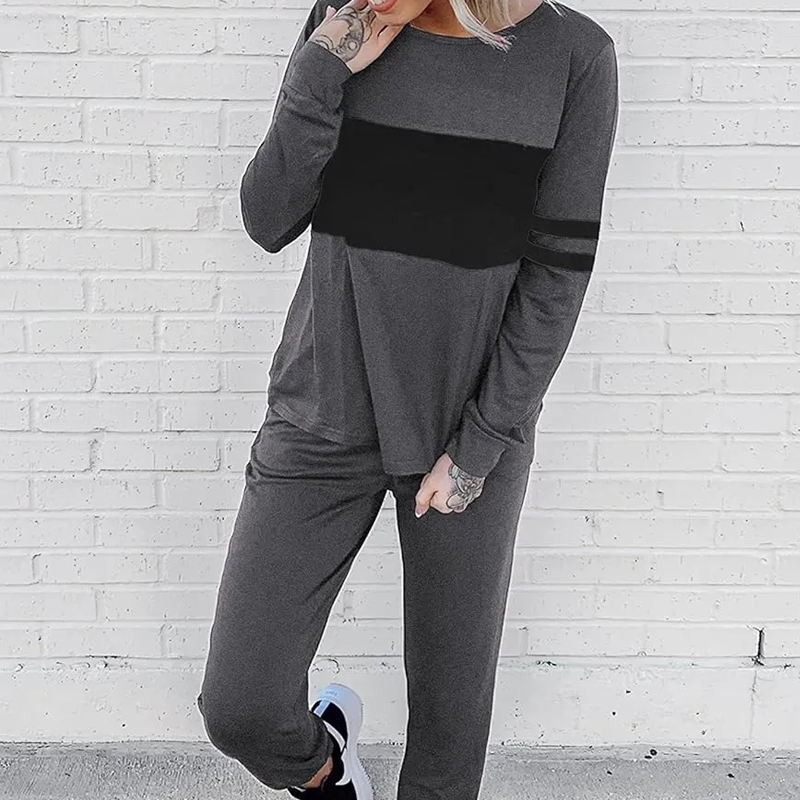 Women's Casual Color Blocking Tops ＆ Pants 2-Piece Set-4