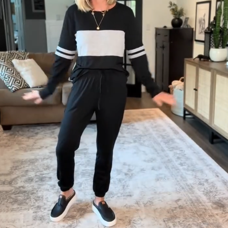 Women's Casual Color Blocking Tops ＆ Pants 2-Piece Set-5