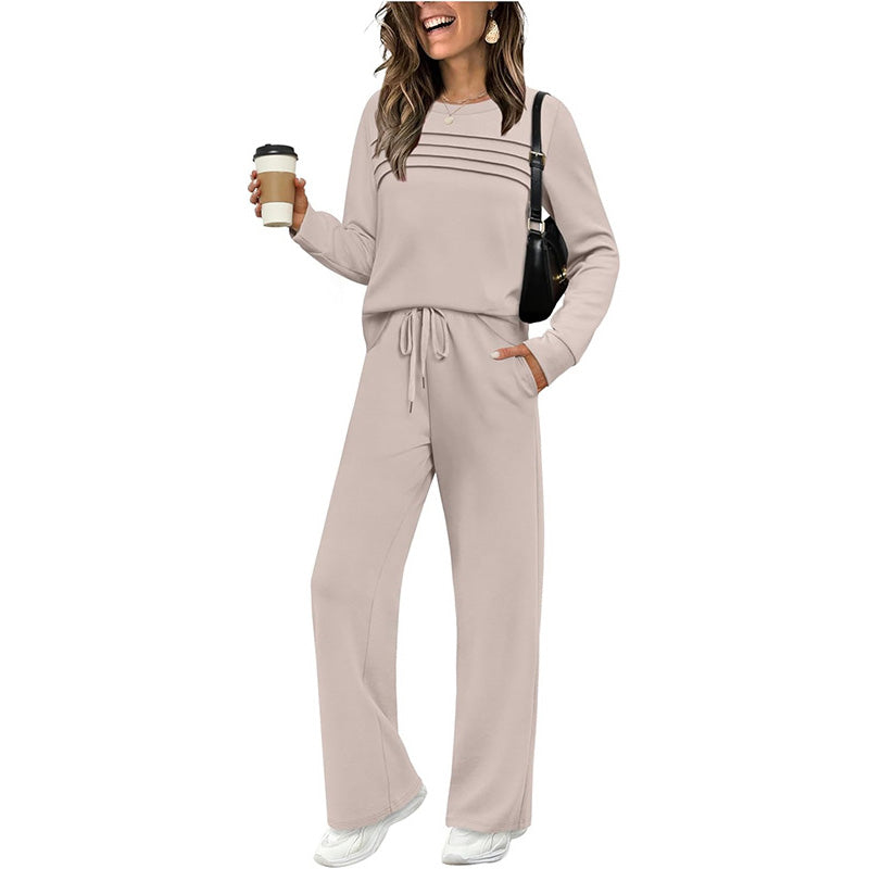 🍂✨Set für Damen mit Rundhals-Top und Kordelzughose-3