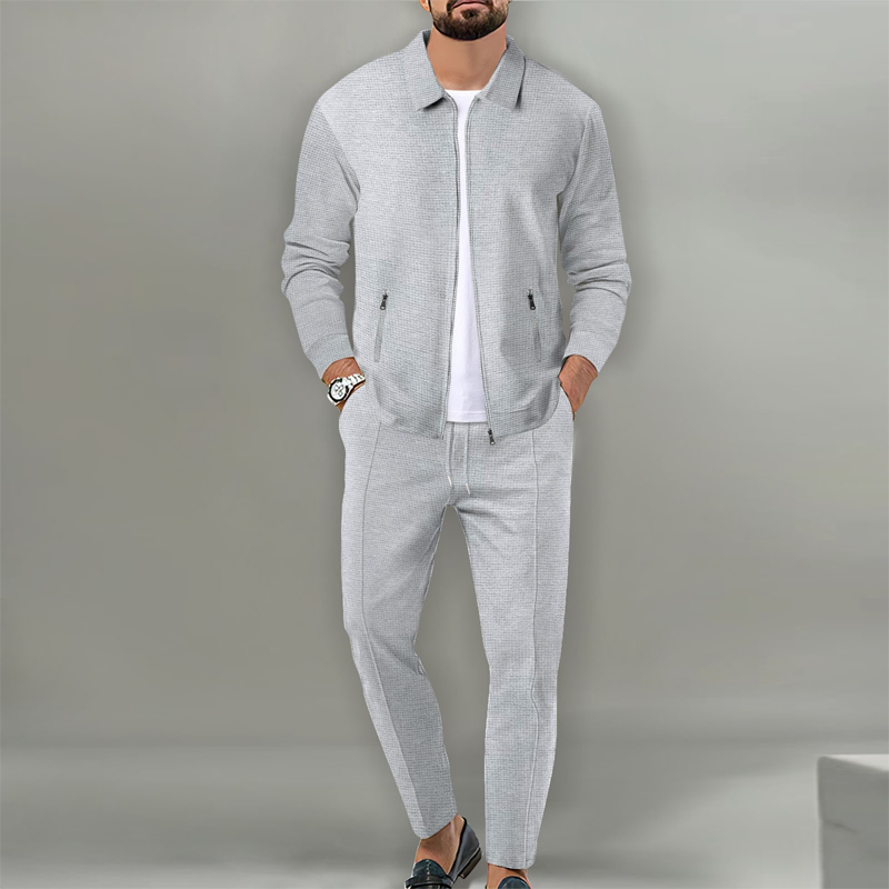 ✨Zweiteiliger Anzug für Herrenmode: Waffel-Reißverschlusstasche, Revers, Slim Fit, Strickjacke, Herrenjacke-2