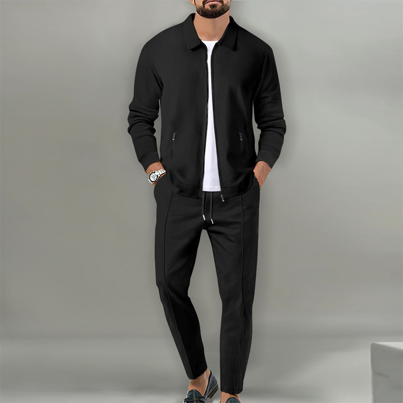 ✨Zweiteiliger Anzug für Herrenmode: Waffel-Reißverschlusstasche, Revers, Slim Fit, Strickjacke, Herrenjacke-3