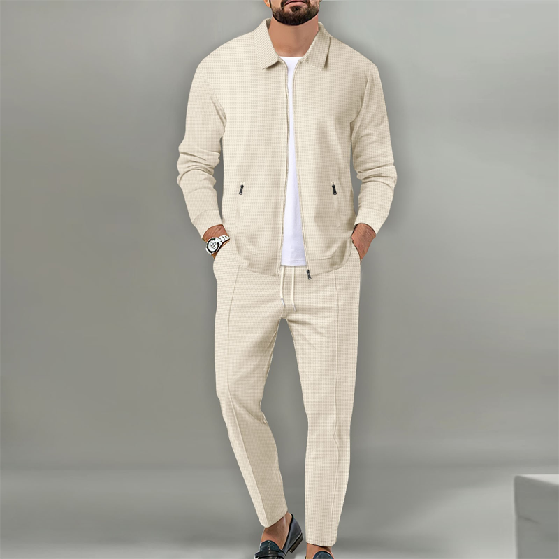 ✨Zweiteiliger Anzug für Herrenmode: Waffel-Reißverschlusstasche, Revers, Slim Fit, Strickjacke, Herrenjacke