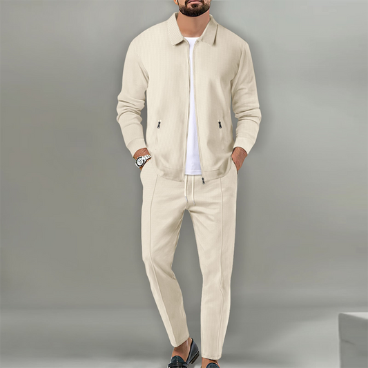 ✨Zweiteiliger Anzug für Herrenmode: Waffel-Reißverschlusstasche, Revers, Slim Fit, Strickjacke, Herrenjacke