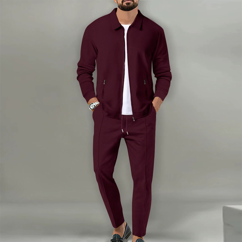 ✨Zweiteiliger Anzug für Herrenmode: Waffel-Reißverschlusstasche, Revers, Slim Fit, Strickjacke, Herrenjacke-5