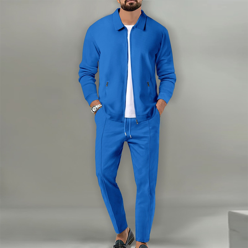 ✨Zweiteiliger Anzug für Herrenmode: Waffel-Reißverschlusstasche, Revers, Slim Fit, Strickjacke, Herrenjacke-4