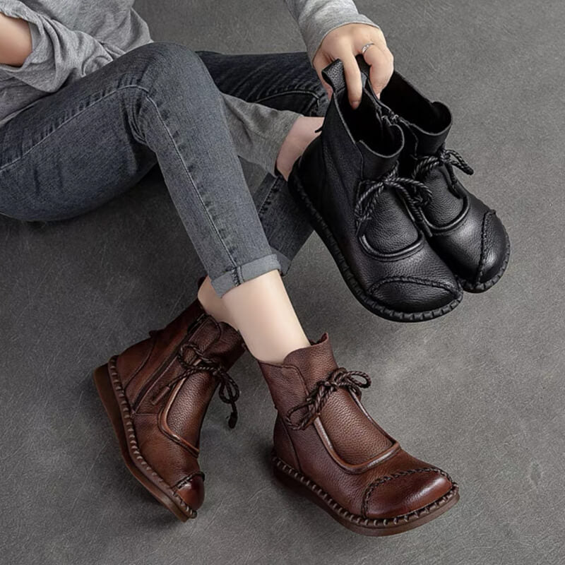 🔥Hochwertige handgenähte Vintage-Herbst- und Winterstiefel, niedrige Absätze, bequeme runde Zehen und weiche Sohlen
