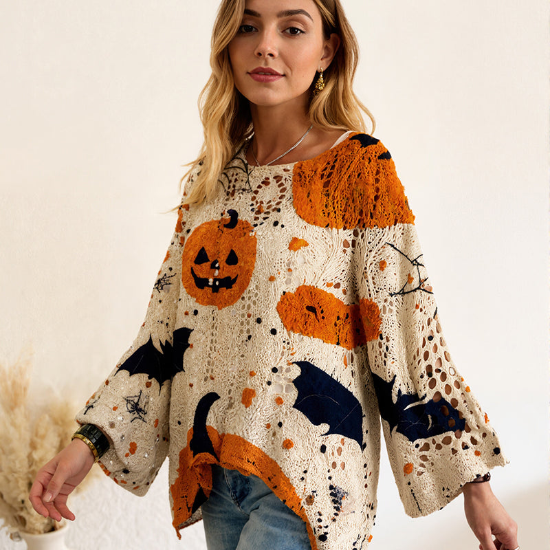 Damen-Halloween-Strickpullover im lockeren Schnitt mit Fledermausärmel-1