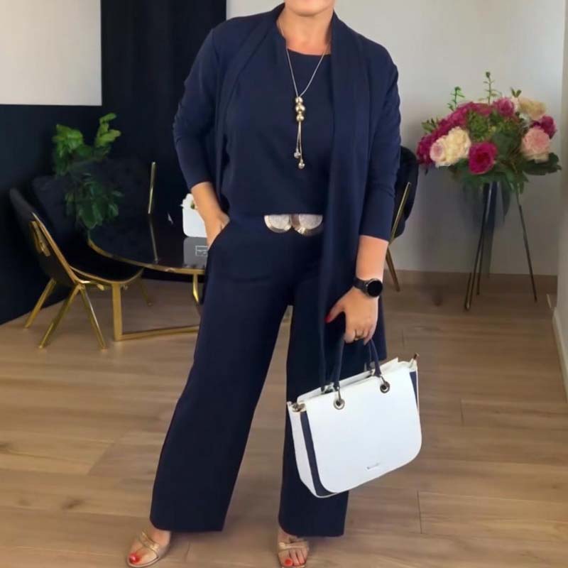 ⏳Zeitlich begrenztes Sonderangebot⏰ Elegantes 3-teiliges Set bestehend aus langem Cardigan, Oberteil und Hose💞-8