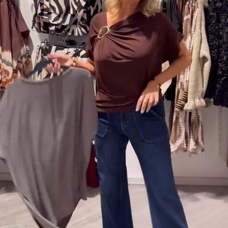 Women's Stylish Asymmetric Neckline Short Sleeve Top-5