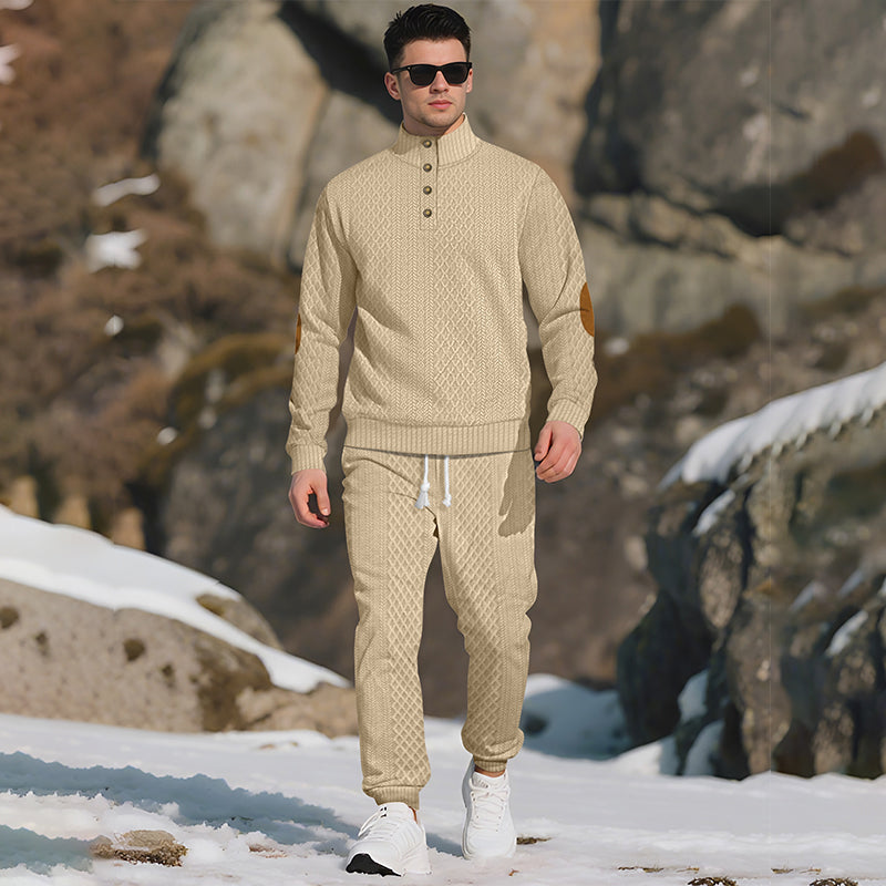 🔥Lässiges Jacquard-Oberteil mit Stehkragen und Hose mit elastischen Bündchen-1