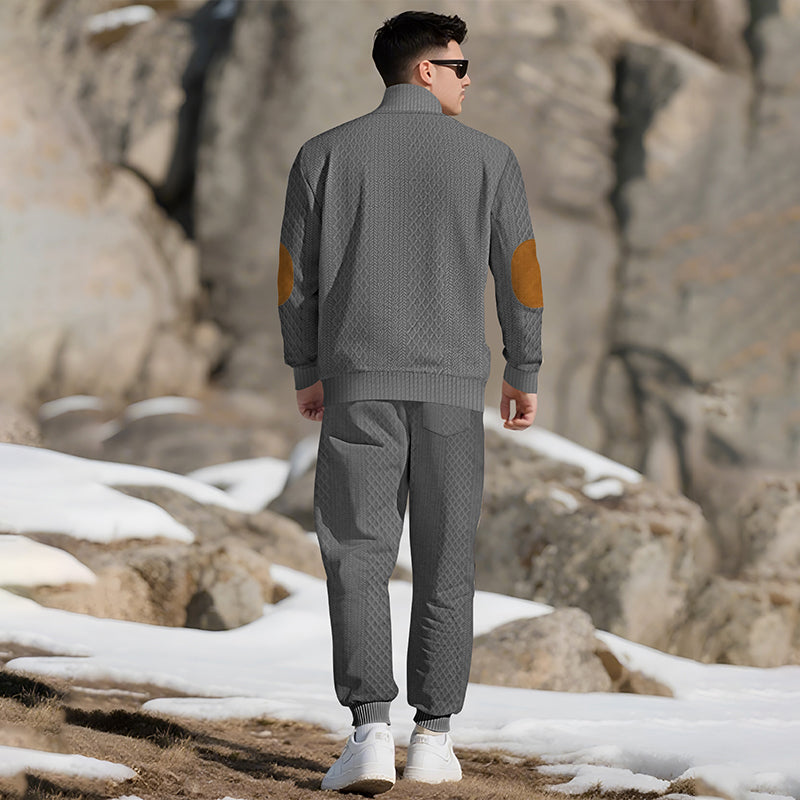 🔥Lässiges Jacquard-Oberteil mit Stehkragen und Hose mit elastischen Bündchen-10
