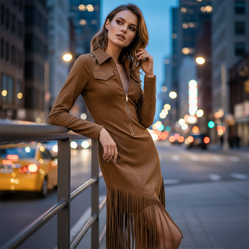 🛒 Wagen halbvoll, Preis halbiert! Retro-Midi-Kleid für Damen mit Reißverschluss und Quaste-1