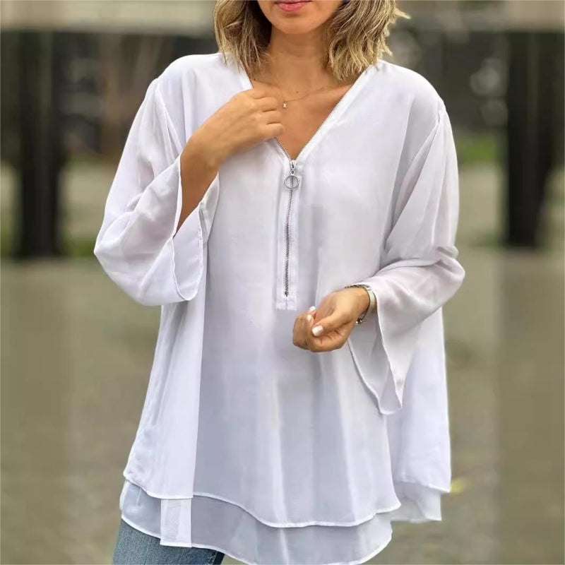 👚 50% RABATT! ✨ Doppelschichtige Weiche Oberteile mit V-Ausschnitt-Reißverschluss & 3/4-Ärmeln – Elegant, Bequem & Perfekt Für Den Alltag 🌸-1