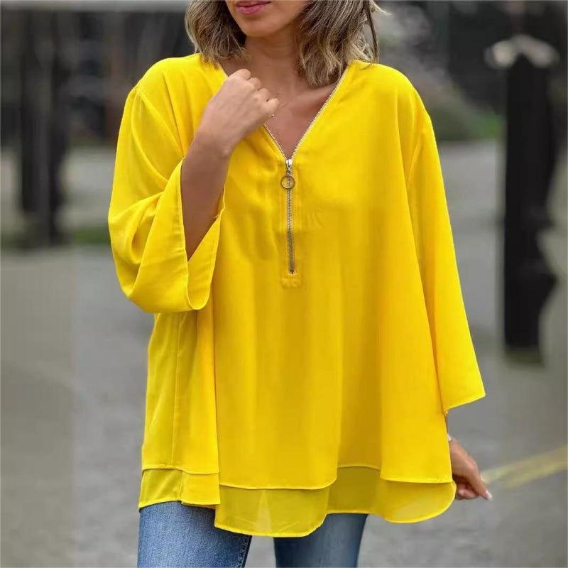 👚 50% RABATT! ✨ Doppelschichtige Weiche Oberteile mit V-Ausschnitt-Reißverschluss & 3/4-Ärmeln – Elegant, Bequem & Perfekt Für Den Alltag 🌸-7