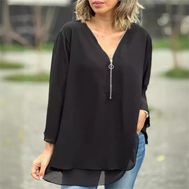 👚 50% RABATT! ✨ Doppelschichtige Weiche Oberteile mit V-Ausschnitt-Reißverschluss & 3/4-Ärmeln – Elegant, Bequem & Perfekt Für Den Alltag 🌸-14