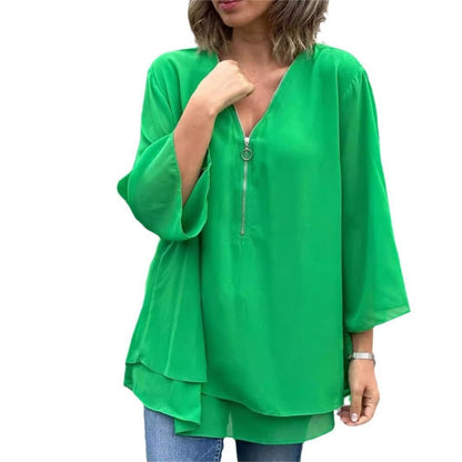 👚 50% RABATT! ✨ Doppelschichtige Weiche Oberteile mit V-Ausschnitt-Reißverschluss & 3/4-Ärmeln – Elegant, Bequem & Perfekt Für Den Alltag 🌸-15