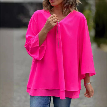 👚 50% RABATT! ✨ Doppelschichtige Weiche Oberteile mit V-Ausschnitt-Reißverschluss & 3/4-Ärmeln – Elegant, Bequem & Perfekt Für Den Alltag 🌸-16