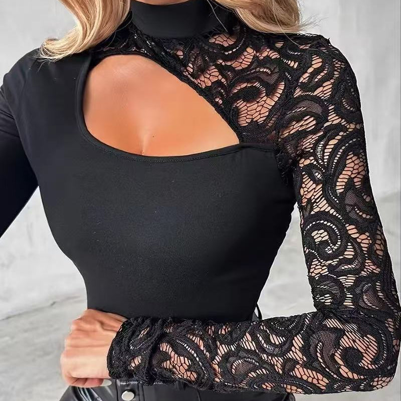 Damen Oberteil mit asymmetrischem Cut-Out und Spitzenärmeln-6