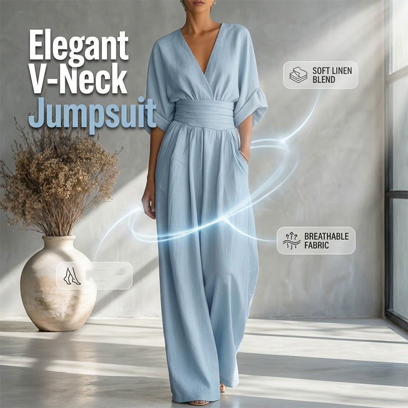 🎁👗 50% RABATT! Hochtaillierter Weitbein-Jumpsuit mit V-Ausschnitt – luftig, bequem, vielseitig – ideal für Reisen & Urlaub. 🏖️💫