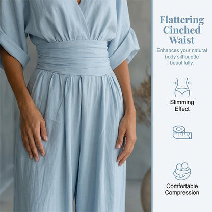 🎁👗 50% RABATT! Hochtaillierter Weitbein-Jumpsuit mit V-Ausschnitt – luftig, bequem, vielseitig – ideal für Reisen & Urlaub. 🏖️💫-2