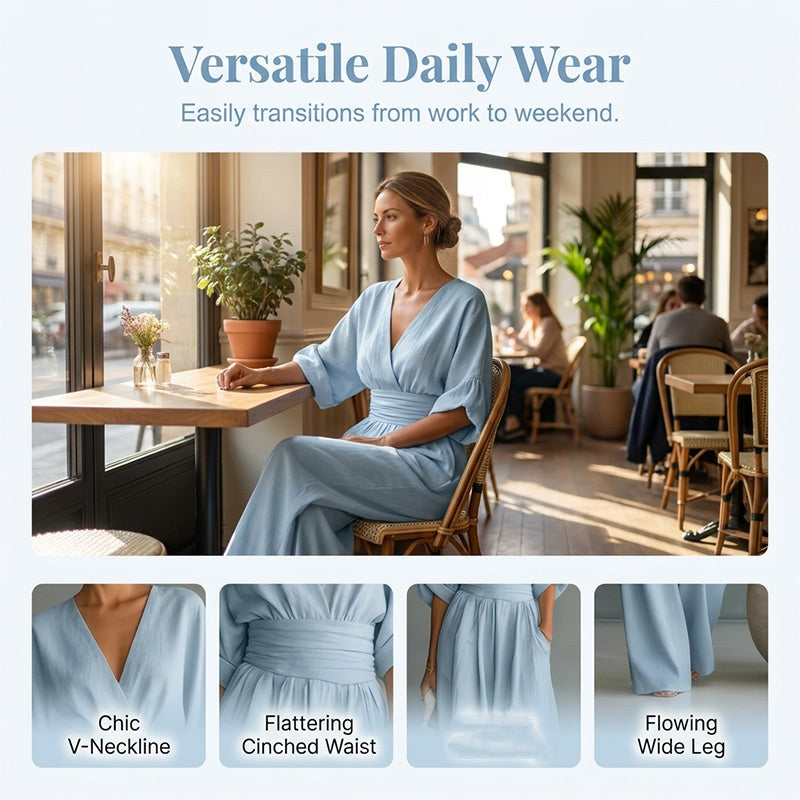 🎁👗 50% RABATT! Hochtaillierter Weitbein-Jumpsuit mit V-Ausschnitt – luftig, bequem, vielseitig – ideal für Reisen & Urlaub. 🏖️💫-4