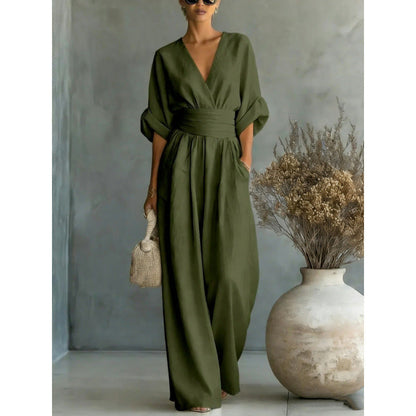 🎁👗 50% RABATT! Hochtaillierter Weitbein-Jumpsuit mit V-Ausschnitt – luftig, bequem, vielseitig – ideal für Reisen & Urlaub. 🏖️💫-8
