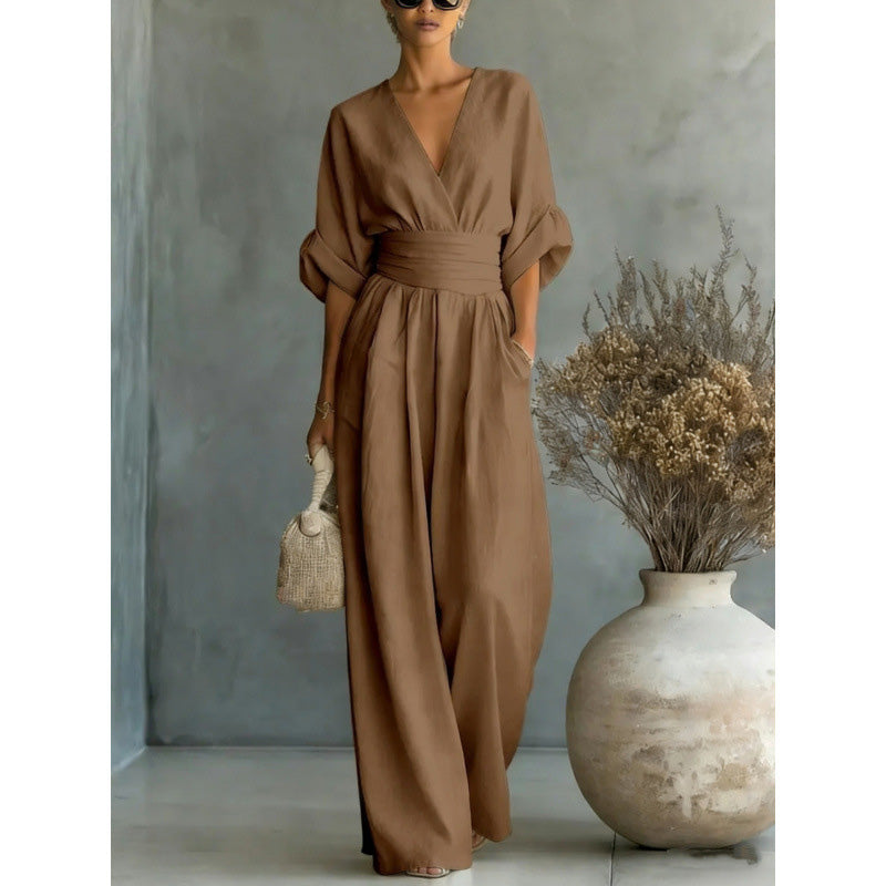 🎁👗 50% RABATT! Hochtaillierter Weitbein-Jumpsuit mit V-Ausschnitt – luftig, bequem, vielseitig – ideal für Reisen & Urlaub. 🏖️💫-7