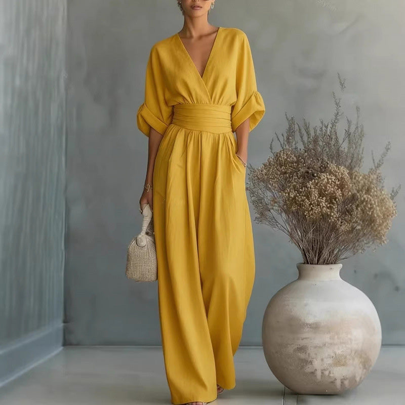 🎁👗 50% RABATT! Hochtaillierter Weitbein-Jumpsuit mit V-Ausschnitt – luftig, bequem, vielseitig – ideal für Reisen & Urlaub. 🏖️💫-9