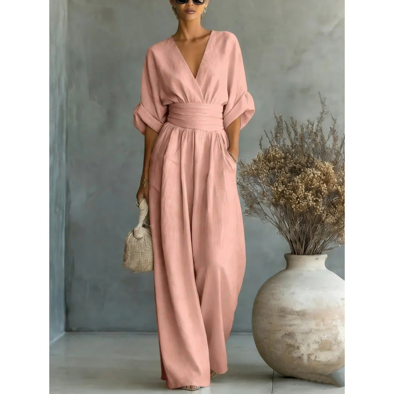 🎁👗 50% RABATT! Hochtaillierter Weitbein-Jumpsuit mit V-Ausschnitt – luftig, bequem, vielseitig – ideal für Reisen & Urlaub. 🏖️💫-11
