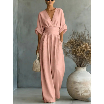 🎁👗 50% RABATT! Hochtaillierter Weitbein-Jumpsuit mit V-Ausschnitt – luftig, bequem, vielseitig – ideal für Reisen & Urlaub. 🏖️💫-11