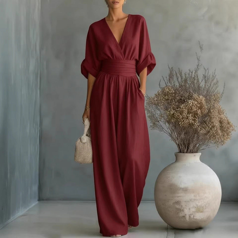 🎁👗 50% RABATT! Hochtaillierter Weitbein-Jumpsuit mit V-Ausschnitt – luftig, bequem, vielseitig – ideal für Reisen & Urlaub. 🏖️💫-10