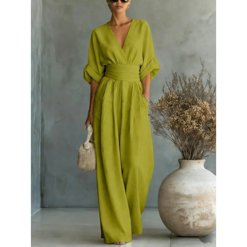 🎁👗 50% RABATT! Hochtaillierter Weitbein-Jumpsuit mit V-Ausschnitt – luftig, bequem, vielseitig – ideal für Reisen & Urlaub. 🏖️💫-12