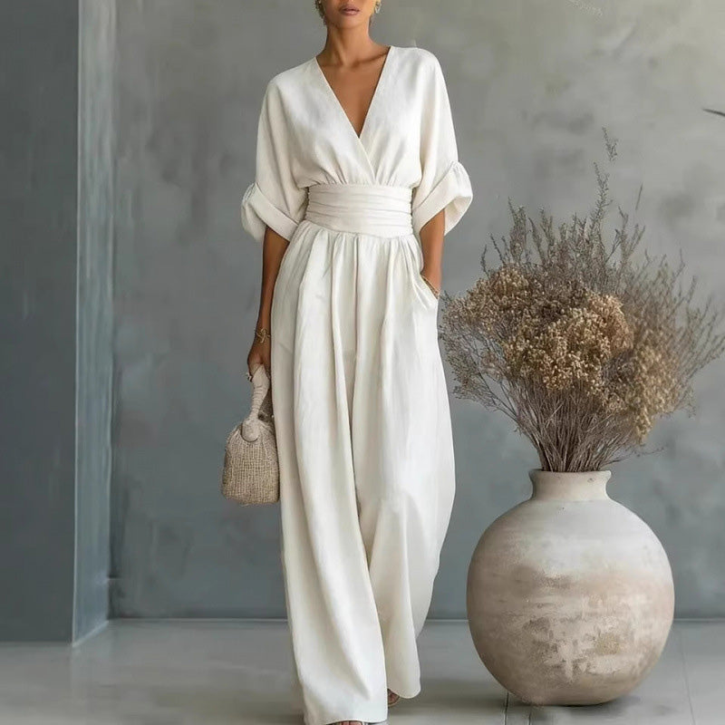 🎁👗 50% RABATT! Hochtaillierter Weitbein-Jumpsuit mit V-Ausschnitt – luftig, bequem, vielseitig – ideal für Reisen & Urlaub. 🏖️💫-13