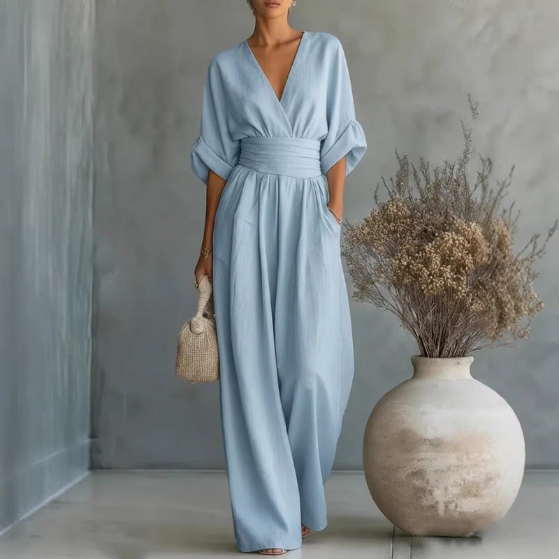 🎁👗 50% RABATT! Hochtaillierter Weitbein-Jumpsuit mit V-Ausschnitt – luftig, bequem, vielseitig – ideal für Reisen & Urlaub. 🏖️💫-14