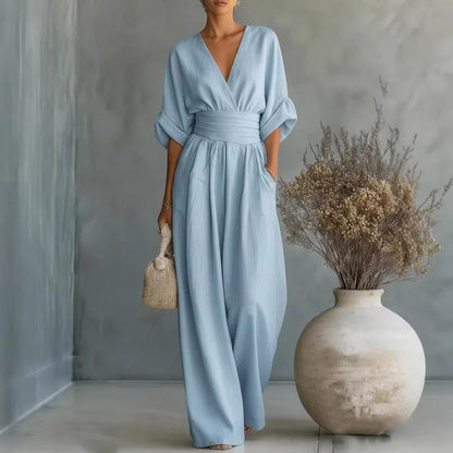 🎁👗 50% RABATT! Hochtaillierter Weitbein-Jumpsuit mit V-Ausschnitt – luftig, bequem, vielseitig – ideal für Reisen & Urlaub. 🏖️💫-14