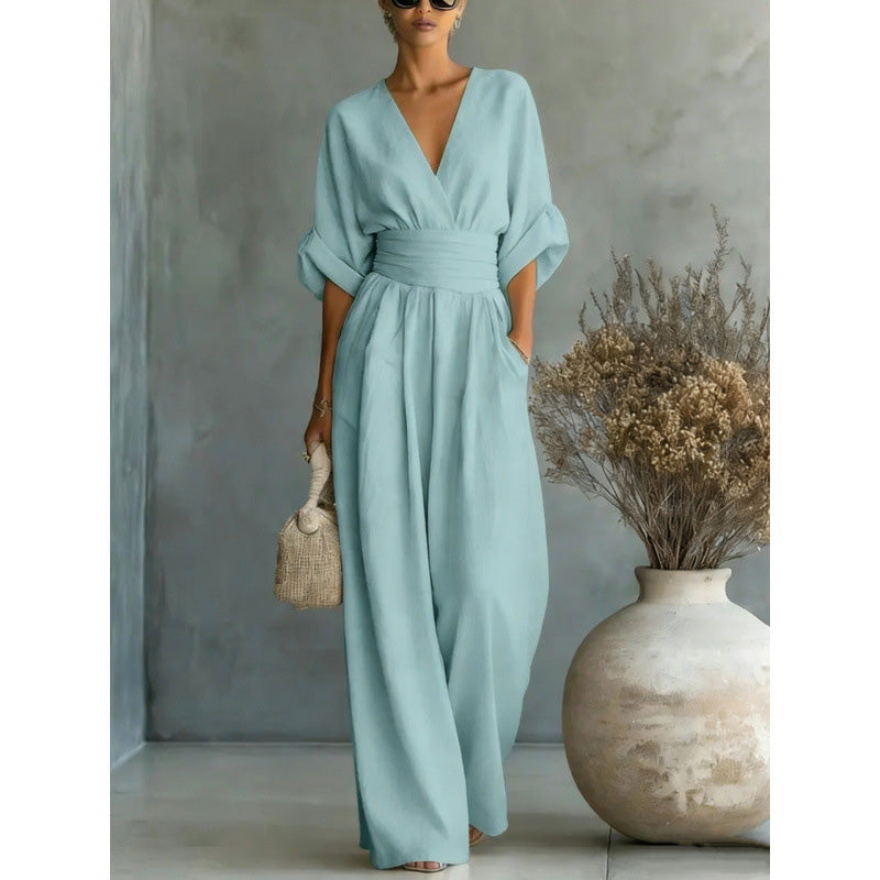 🎁👗 50% RABATT! Hochtaillierter Weitbein-Jumpsuit mit V-Ausschnitt – luftig, bequem, vielseitig – ideal für Reisen & Urlaub. 🏖️💫-15