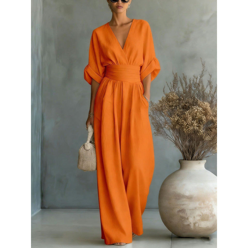 🎁👗 50% RABATT! Hochtaillierter Weitbein-Jumpsuit mit V-Ausschnitt – luftig, bequem, vielseitig – ideal für Reisen & Urlaub. 🏖️💫-16