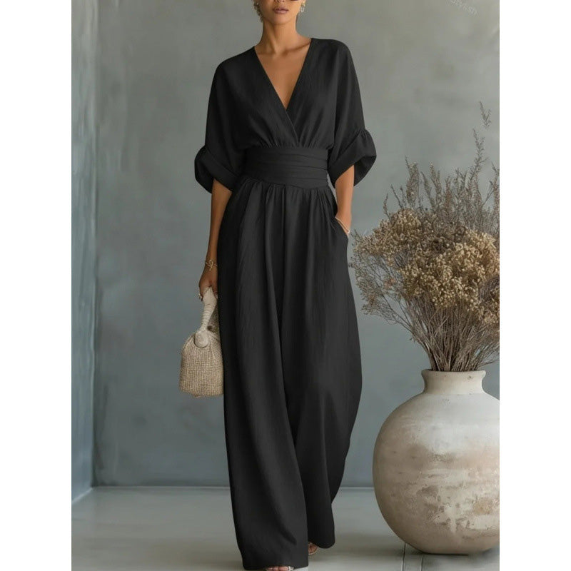 🎁👗 50% RABATT! Hochtaillierter Weitbein-Jumpsuit mit V-Ausschnitt – luftig, bequem, vielseitig – ideal für Reisen & Urlaub. 🏖️💫-17