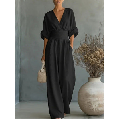 🎁👗 50% RABATT! Hochtaillierter Weitbein-Jumpsuit mit V-Ausschnitt – luftig, bequem, vielseitig – ideal für Reisen & Urlaub. 🏖️💫-17