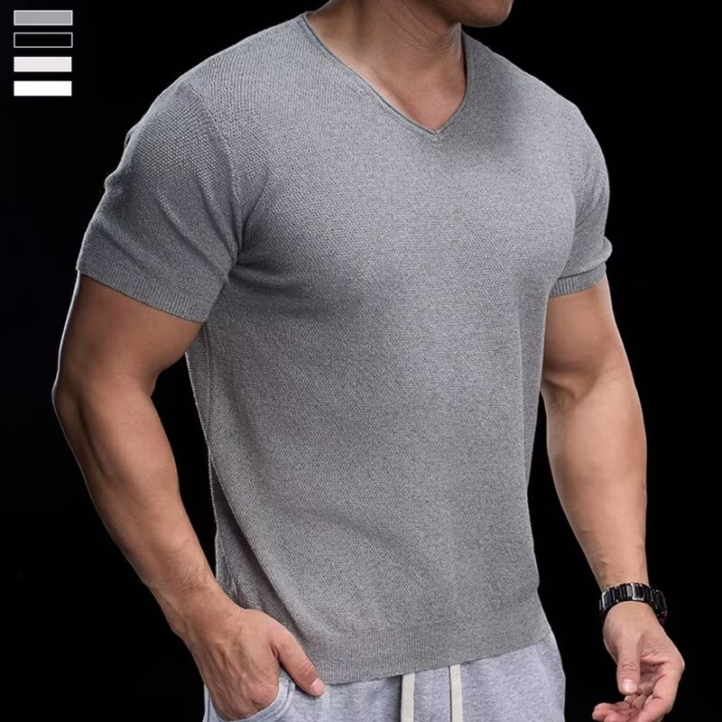 👕 50% RABATT! ✨ Atmungsaktives V-Ausschnitt Strick-T-Shirt – Strukturiert & sportlicher Schnitt – Perfekt für Gym, Streetstyle oder den Alltag – bequem & vielseitig 🏋️🔥-1