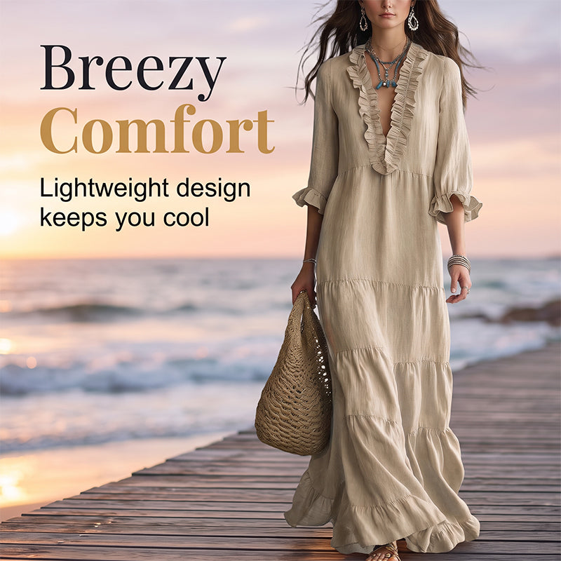 👗 50% RABATT! ✨ Damen Rüschenbesatz V-Ausschnitt Maxikleid – Gestuft, leicht & romantisch – Perfekt für Sommer, Strand oder besondere Anlässe – femininer Look mit viel Bewegung 🌸💃☀️-1