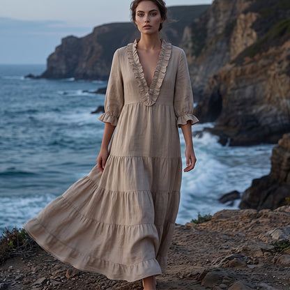👗 50% RABATT! ✨ Damen Rüschenbesatz V-Ausschnitt Maxikleid – Gestuft, leicht & romantisch – Perfekt für Sommer, Strand oder besondere Anlässe – femininer Look mit viel Bewegung 🌸💃☀️-3