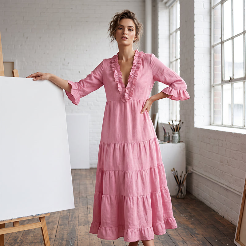 👗 50% RABATT! ✨ Damen Rüschenbesatz V-Ausschnitt Maxikleid – Gestuft, leicht & romantisch – Perfekt für Sommer, Strand oder besondere Anlässe – femininer Look mit viel Bewegung 🌸💃☀️-5