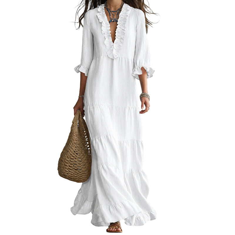 👗 50% RABATT! ✨ Damen Rüschenbesatz V-Ausschnitt Maxikleid – Gestuft, leicht & romantisch – Perfekt für Sommer, Strand oder besondere Anlässe – femininer Look mit viel Bewegung 🌸💃☀️-9