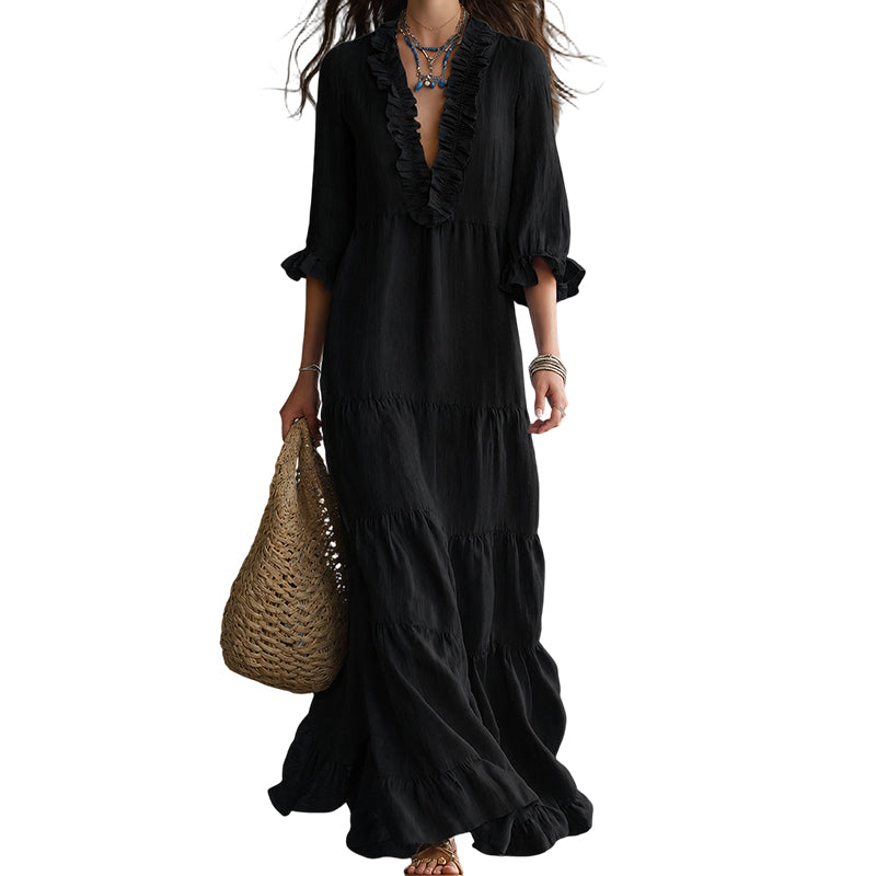 👗 50% RABATT! ✨ Damen Rüschenbesatz V-Ausschnitt Maxikleid – Gestuft, leicht & romantisch – Perfekt für Sommer, Strand oder besondere Anlässe – femininer Look mit viel Bewegung 🌸💃☀️-11
